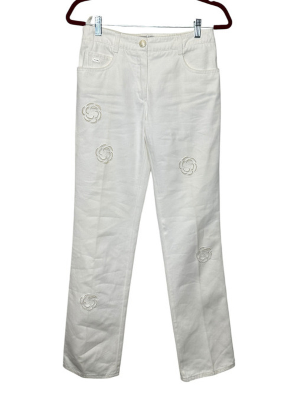Chanel White Camellia Floral Accent Jeans